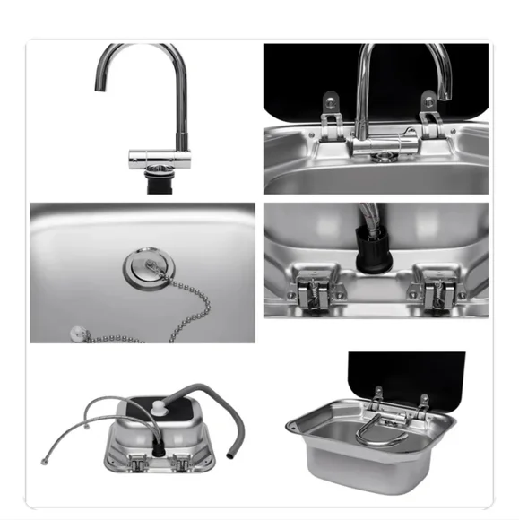 Stainless steel drop in foldable sink by Front. Perfect for RV or bar.